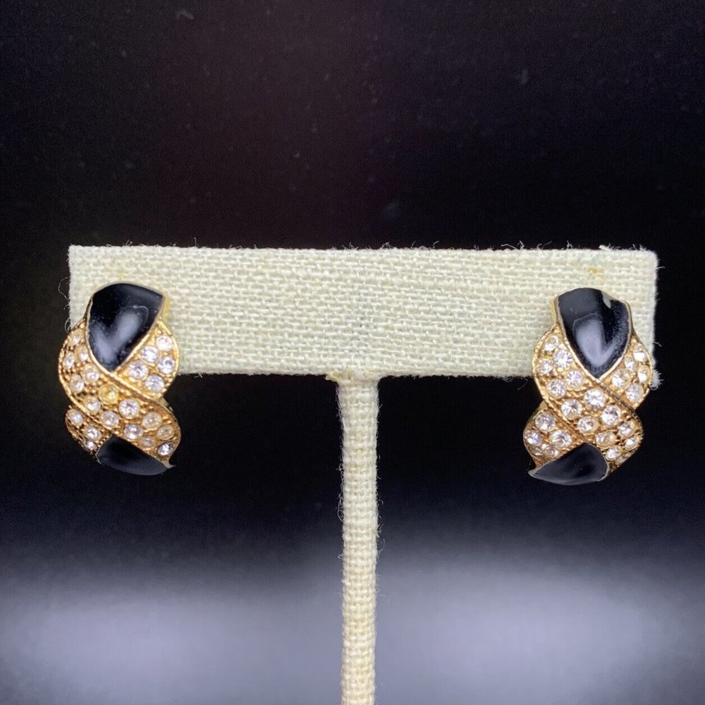 Roman Hoop Earrings Vintage Black Enamel Gold Tone Clear Rhinestone Pierced X